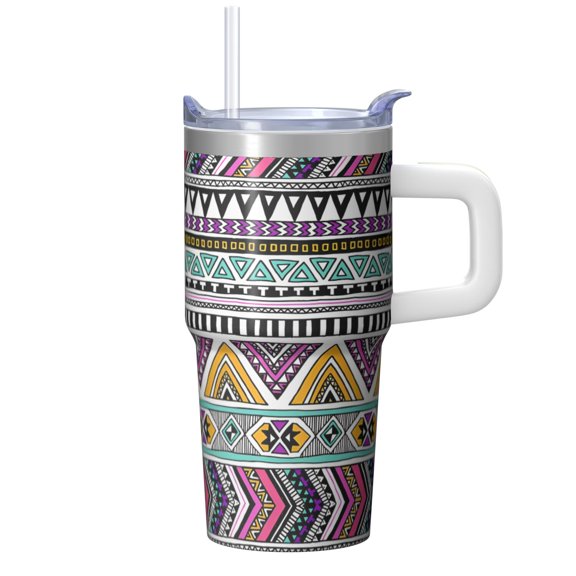 20oz Stainless Steel Insulated Mug with Lid and Straw, Bohemian Design Coffee Tumbler, Double Wall Vacuum Travel Cup, Leakproof