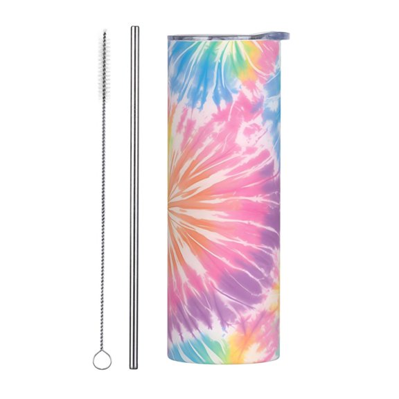 20oz Stainless Steel Mug Reusable Tumbler With Lid And Straw For Hot Cold Drinks Office Car Home Gym Tie-Dye Pattern Rainbow Colors Tie-Dye Background_2