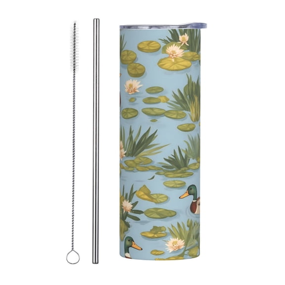 20oz Stainless Steel Mug Reusable Tumbler With Lid And Straw For Hot Cold Drinks Office Car Home Gym Pond Ducks