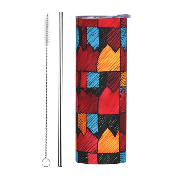 20oz Stainless Steel Mug Reusable Tumbler With Lid And Straw For Hot Cold Drinks Office Car Home Gym Red Colorful Houndstooth Hand-Drawn Sketch_1