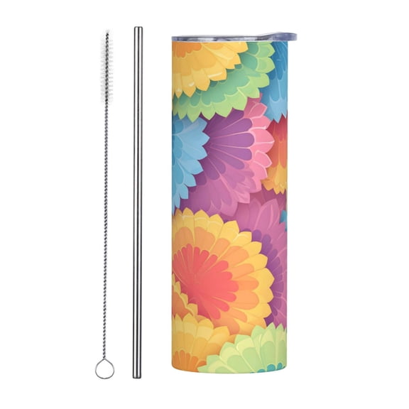 20oz Stainless Steel Mug Reusable Tumbler With Lid And Straw For Hot Cold Drinks Office Car Home Gym Tie-Dye Pattern Bright Colors (3)