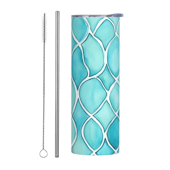20oz Stainless Steel Mug Reusable Tumbler With Lid And Straw For Hot Cold Drinks Office Car Home Gym Turquoise Moroccan Trellis Hand-Drawn Sketch_4