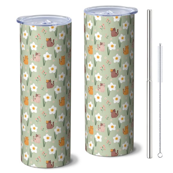 20oz Stainless Steel Skinny Tumbler, Double Wall Travel Mug with Lid and Straw,Cat Floral Daffodil Green Pattern