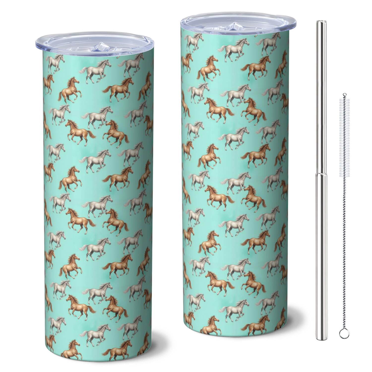 20oz Stainless Steel Skinny Tumbler, Double Wall Travel Mug with Lid and Straw,Horse Colorful Run Light Teal Pattern