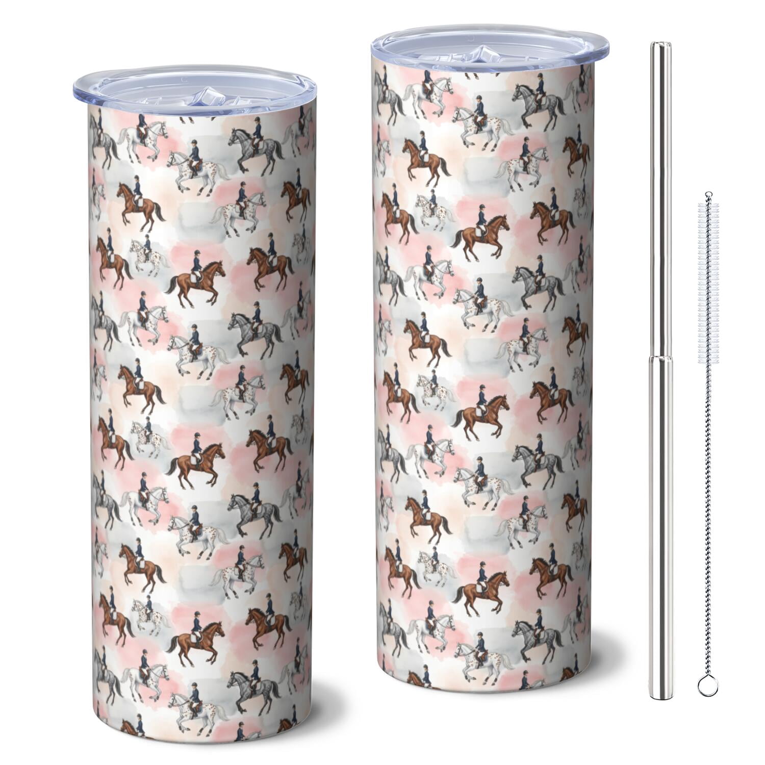 20oz Stainless Steel Skinny Tumbler, Double Wall Travel Mug with Lid and Straw,Horse Equestrian Pink Pattern