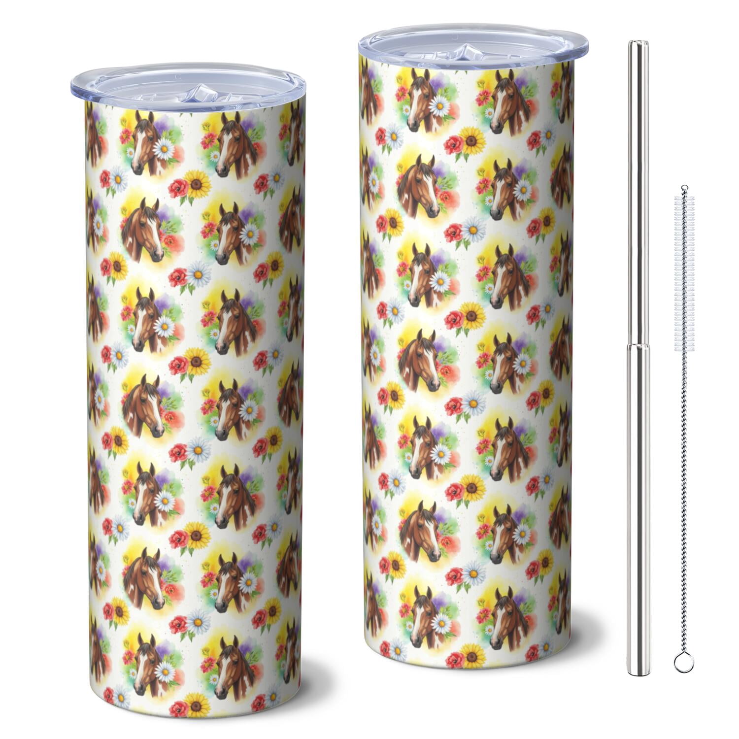 20oz Stainless Steel Skinny Tumbler, Double Wall Travel Mug with Lid and Straw,Horse Floral Head Colorful Pattern