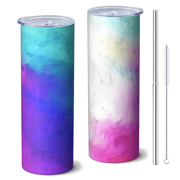 20oz Stainless Steel Skinny Tumbler with Telescopic Straw, Vacuum Insulated Slim Travel Cup, 360° Full Wrap Printed, Colorful Aurora Print