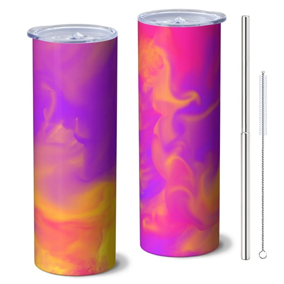 20oz Stainless Steel Skinny Tumbler with Telescopic Straw, Vacuum Insulated Slim Travel Cup, 360° Full Wrap Printed, Colorful Aurora Print