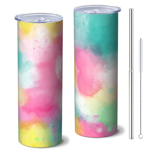 20oz Stainless Steel Skinny Tumbler with Telescopic Straw, Vacuum Insulated Slim Travel Cup, 360° Full Wrap Printed, Fluid Smoke Aurora Art Style