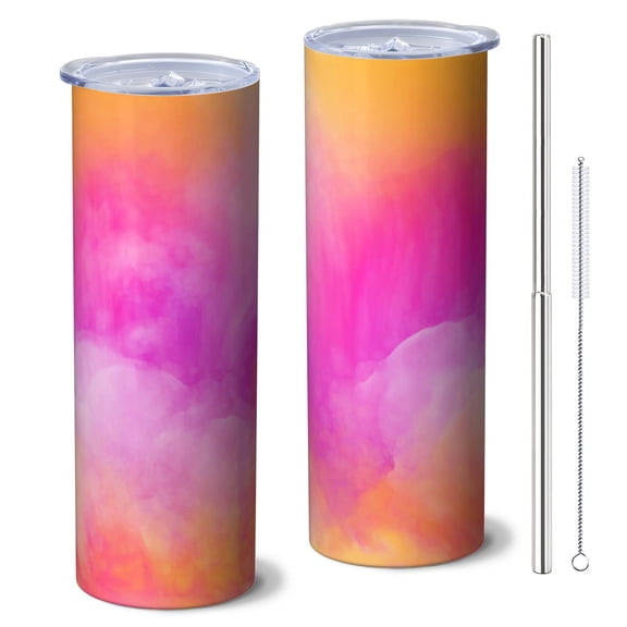 20oz Stainless Steel Skinny Tumbler with Telescopic Straw, Vacuum Insulated Slim Travel Cup, 360° Full Wrap Printed, Fluid Smoke Aurora Art Style