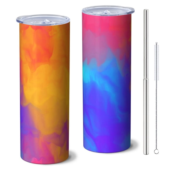 20oz Stainless Steel Skinny Tumbler with Telescopic Straw, Vacuum Insulated Slim Travel Cup, 360° Full Wrap Printed, Fluid Smoke Aurora Art Style