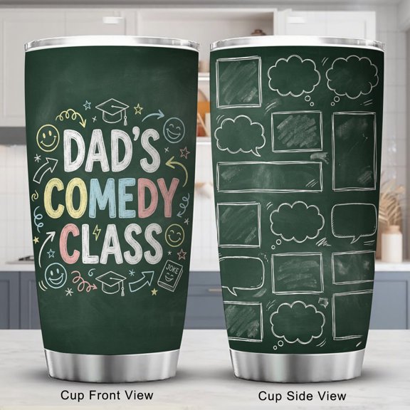 20oz Stainless Steel Tumbler, "Dad's Comedy Class" Chalkboard Design Insulated Travel Coffee Mug, Funny Dad Jokes Gift for Men, Double Wall Vacuum Car Cup with Lid, Portable Water Bottle for Office