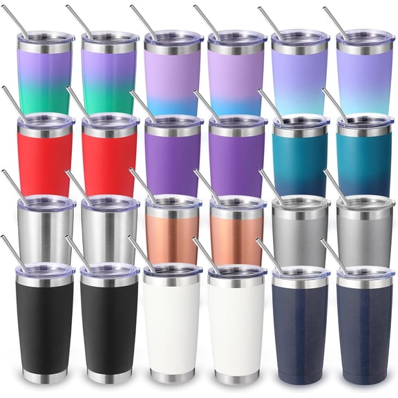 20oz Stainless Steel Tumbler with Lid and Straw Bulk 24 Pack,Double Wall Insulated Travel Iced Coffee Mug Fits Cup Holder,Powder Coated Cups for Cold Drinks,Christmas GiftsAssorted,24 Set