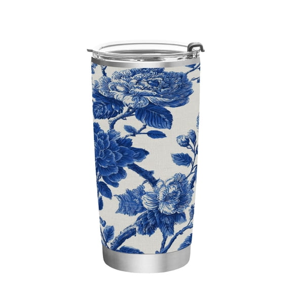 20oz Stainless Steel Tumbler with Straw, Double Wall Insulated Travel Tumbler Blue Floral