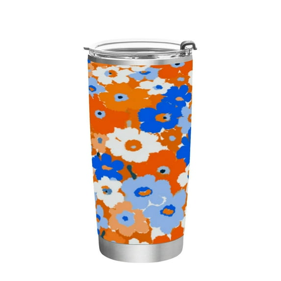 20oz Stainless Steel Tumbler with Straw, Double Wall Insulated Travel Tumbler Orange and Blue Small Flowers