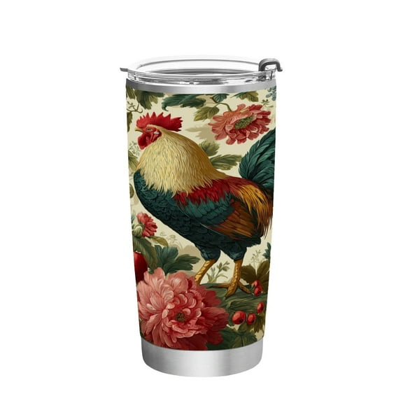 20oz Stainless Steel Tumbler with Straw, Double Wall Insulated Travel Tumbler Rooster and Vintage Floral