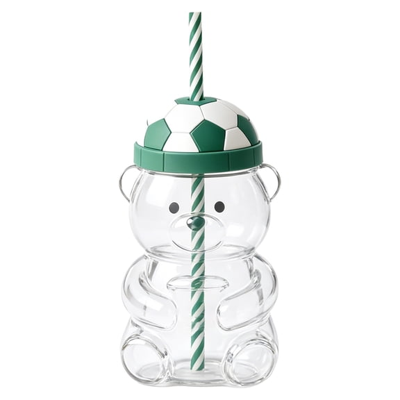 20oz Star Bear Buck Glass Cup with Football Pattern Lid & Striped Straw World Football Themed Tumbler for Iced Coffee Milk Tea Cocktails(Green(No Scarf)-17.5X10cm)
