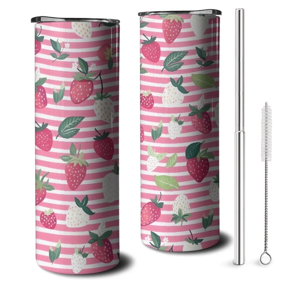 20oz Strawberry Plants Fruit Leaf Stripe Skinny Tumblers Stainless Steel Tumbler with Lid and Straw,Vacuum Insulated Double Wall Travel Tumbler Cups with Cleaning Brush for Coffee,Tea