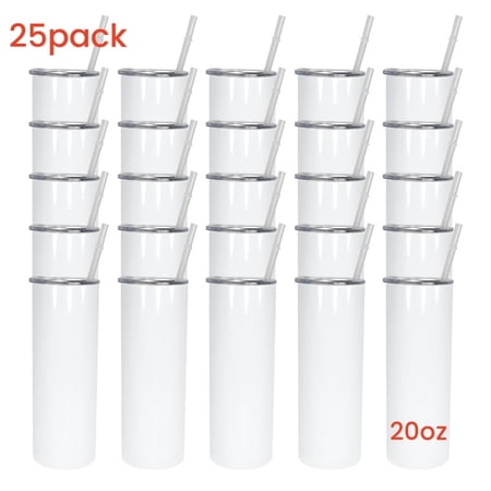 AGH 20oz Sublimation skinny Tumbler white blank 304 stainless steel insulated straight mug With Flat Edge for Tumbler Heat Press 25 pack