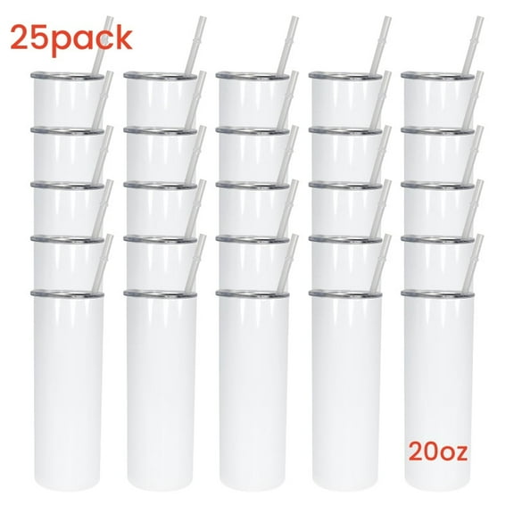 20oz Sublimation skinny Tumbler white blank stainless steel insulated straight mug With Flat Edge for Tumbler Heat Press 25 pack