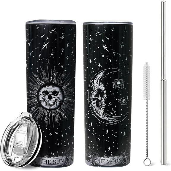 20oz Sun and Moon Skull Floral Ghost Tumbler Stainless Steel Halloween Cup Psychedelic Stars Spider Vacuum Insulated Travel Coffee Mug with Splash-Proof Lid Metal Straw