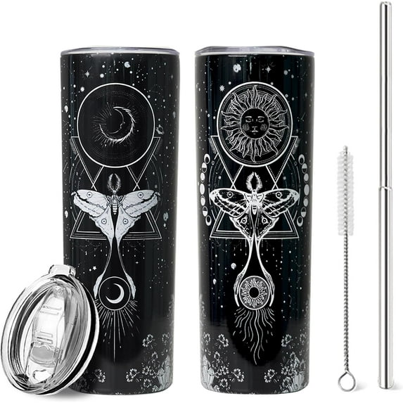 20oz Sun and Moon Ghost Tumbler Stainless Steel Halloween Cup Flower Vine Moth Vacuum Insulated Travel Coffee Mug with Splash-Proof Lid Metal Straw