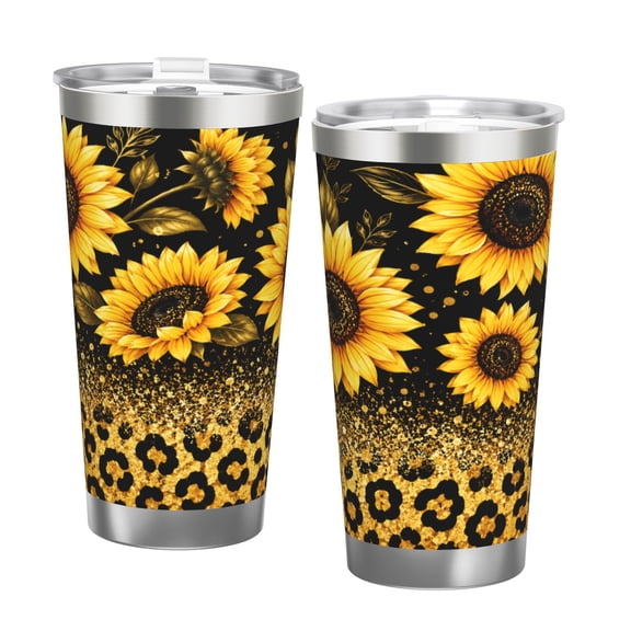 20oz Sunflower Gold Leopard Pattern Travel Tumbler Insulated Car Cup with Handle Stainless Steel Coffee Cup Black Gold Floral Luxury Gift with Double Silver Rim