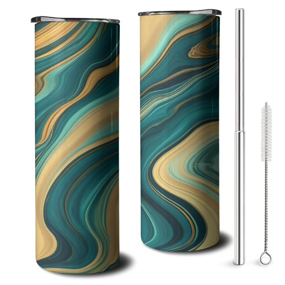20oz Teal Gold Wave Marble Pattern Skinny Tumblers Stainless Steel Tumbler with Lid and Straw,Vacuum Insulated Double Wall Travel Tumbler Cups with Cleaning Brush for Coffee,Tea