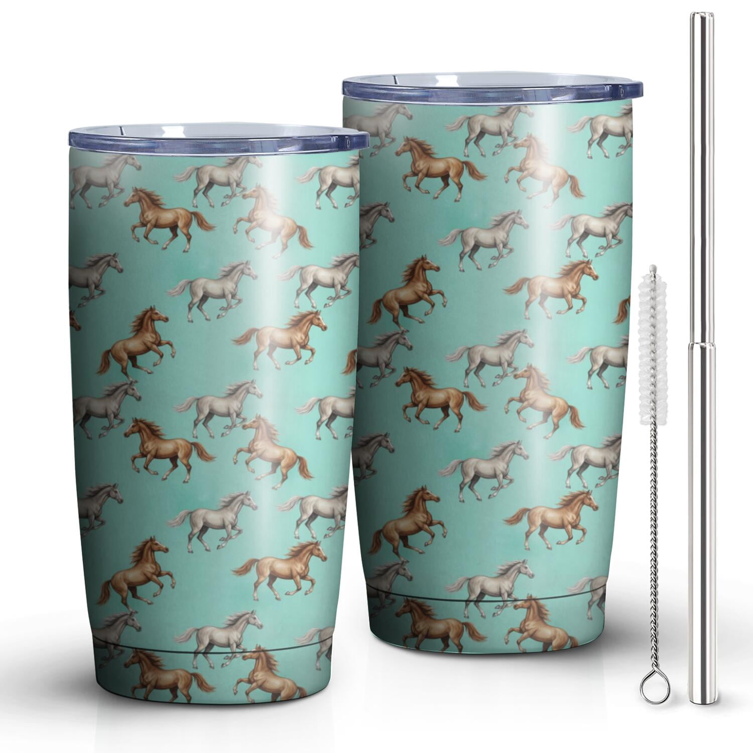 20oz Travel Coffee Tumbler, Stainless Steel, Lid, Outdoor Use,Horse Colorful Run Light Teal Pattern