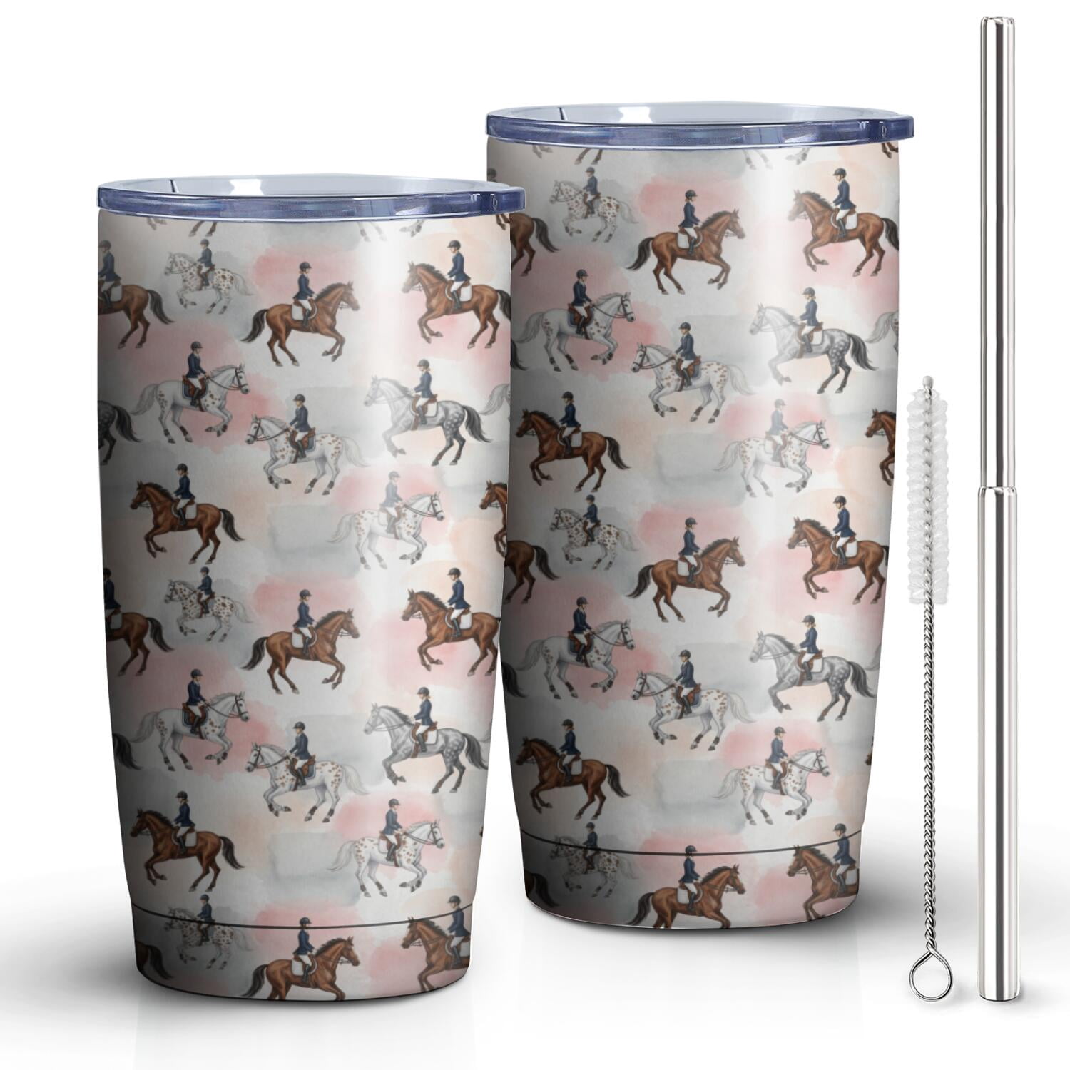 20oz Travel Coffee Tumbler, Stainless Steel, Lid, Outdoor Use,Horse Equestrian Pink Pattern
