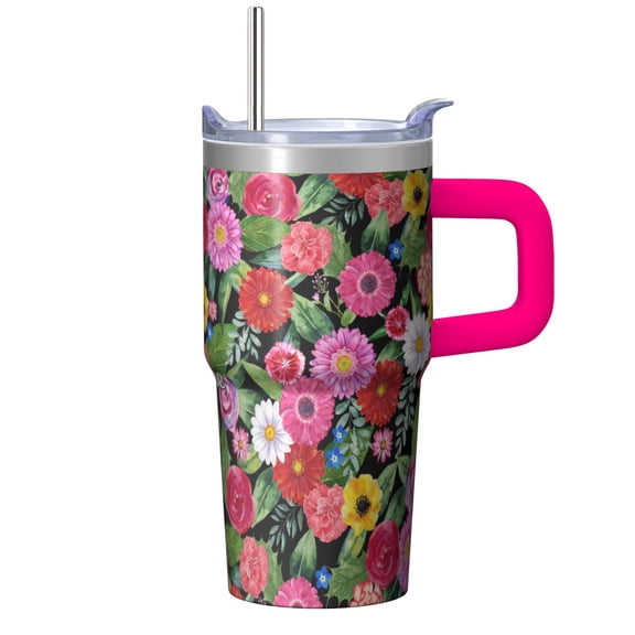 20oz Travel Tumbler Floral Theme for Her, Double Wall Insulated Stainless Steel Mug with Handle, Straw, Leak-proof Lid, Birthday Christmas