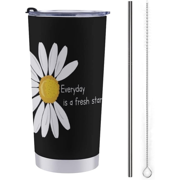 20oz Travel Tumbler with Lid And Straws Everyday Is A Fresh Start Daisy Spring Stainless Steel Insulated Water Cup Vacuum Double Wall Mug for Gifts for Mom Dad Friends Sisters One Size