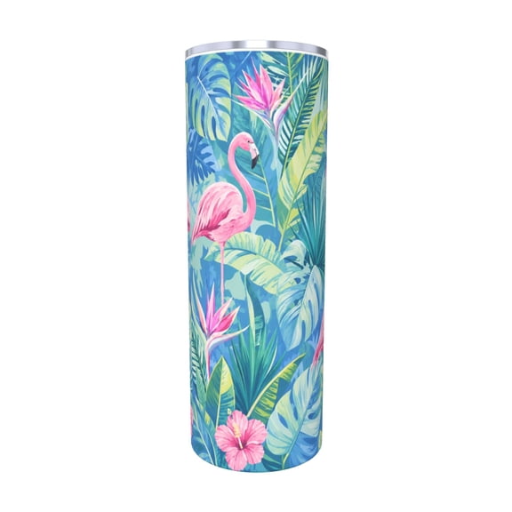 20oz Tropical Flamingo Palm Leaf Travel Tumbler With Handle and Straw Lid Insulated Car Cup Gift for Women with Straw