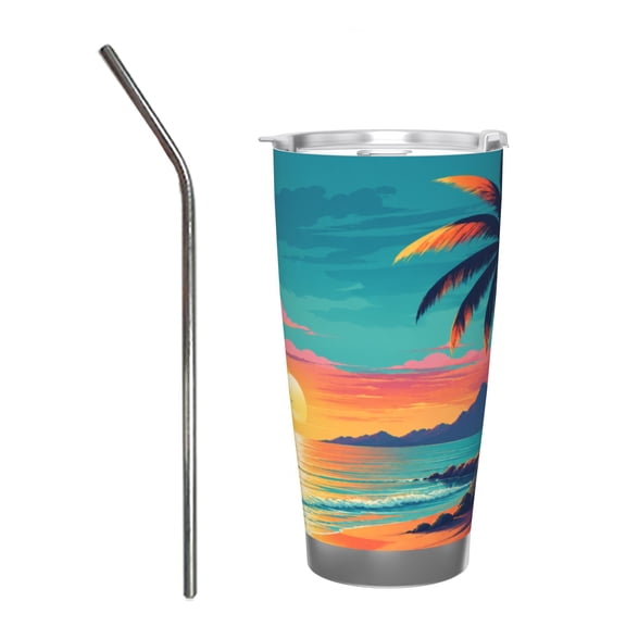 20oz Tropical Sunset Beach Palm Tree Ocean Seascape Coastal Summer Insulated Tumbler with Handle and Straw Travel Cup Car Cup with Stainless Steel Straw