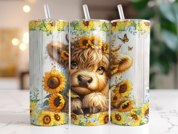 20oz Tumbler - Baby Highland Cow with Sunflowers