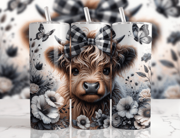 20oz Tumbler - Highland Cow - Black and White, Flowers