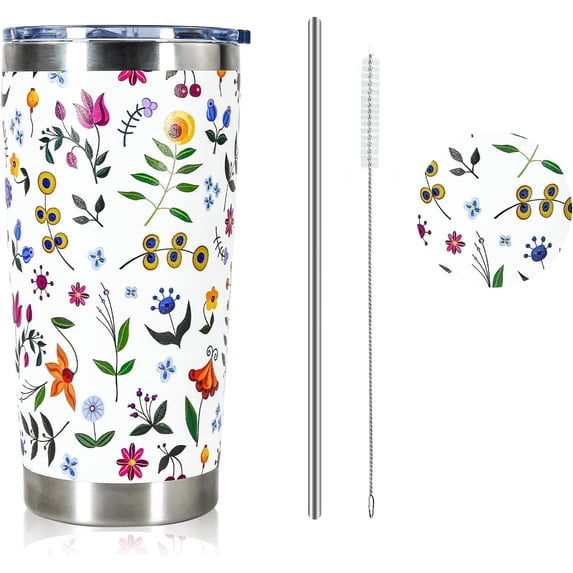 20oz Tumbler with Lid and Straw, Flower Coffee Mug Double Wall Vacuum Insulated Travel Mug Floral Cup Stainless Steel Water Bottle Reusable Tumblers Car Gift for Ice Drinks, Hot Beverage, White