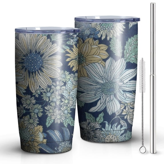 20oz Tumbler with Lid and Straw Stainless Blue Flowers Steel Vacuum Insulated Water Coffee Tumbler Cup, Double Wall Vacuum Insulated Travel Mug Reusable Tumblers for Ice Drinks, Hot Beverage