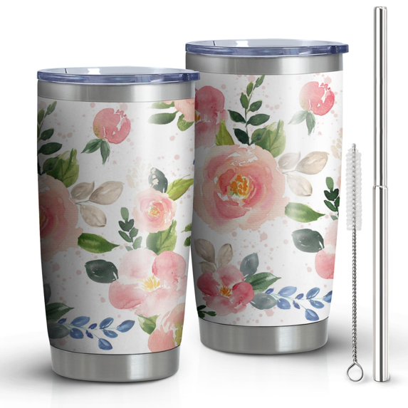 20oz Tumbler with Lid and Straw Stainless Rose Pink Flowers Steel Vacuum Insulated Water Coffee Tumbler Cup, Double Wall Vacuum Insulated Travel Mug Reusable Tumblers for Ice Drinks, Hot Beverage