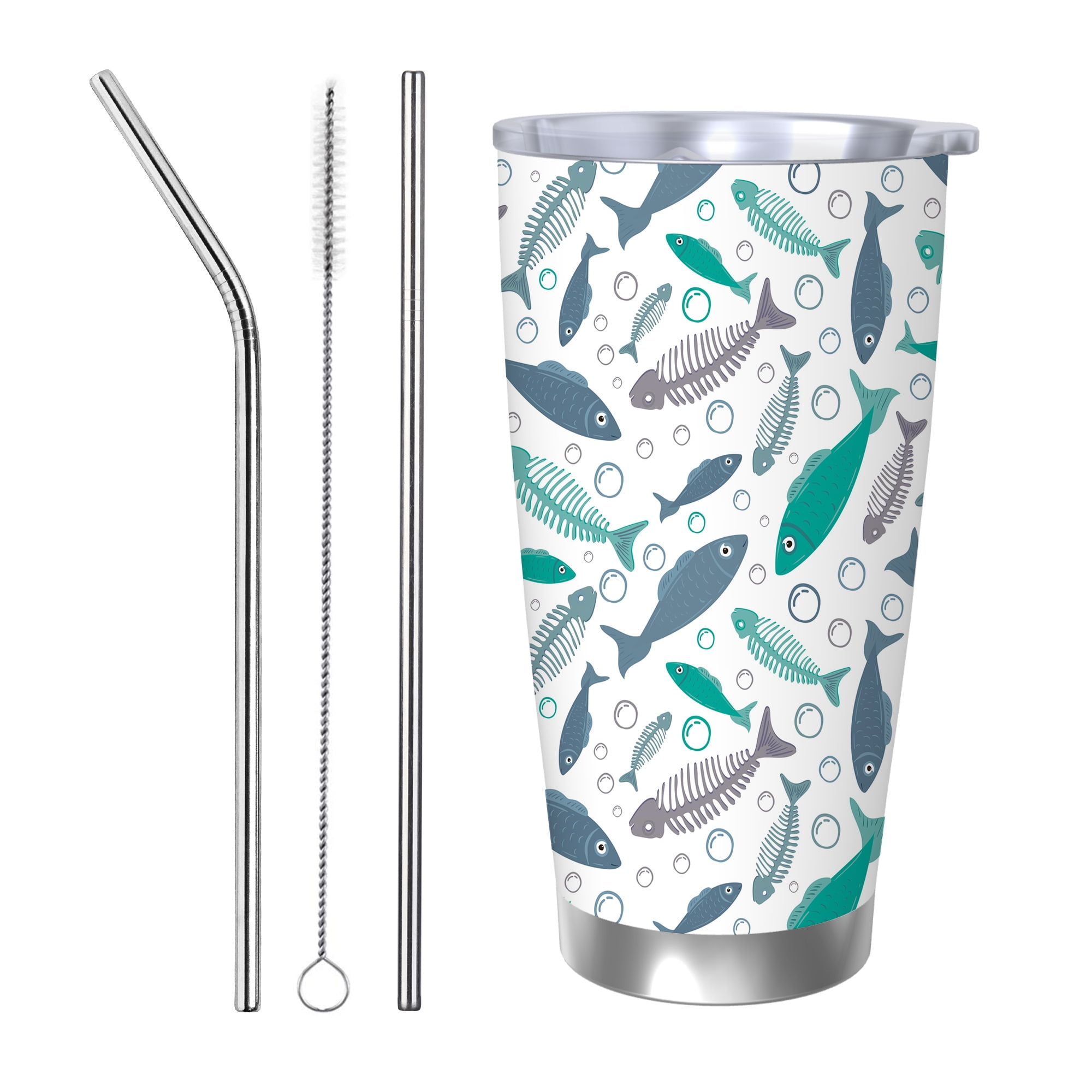 20oz Tumbler with Lids and 3 piece straw set Fish And Skeletons Of