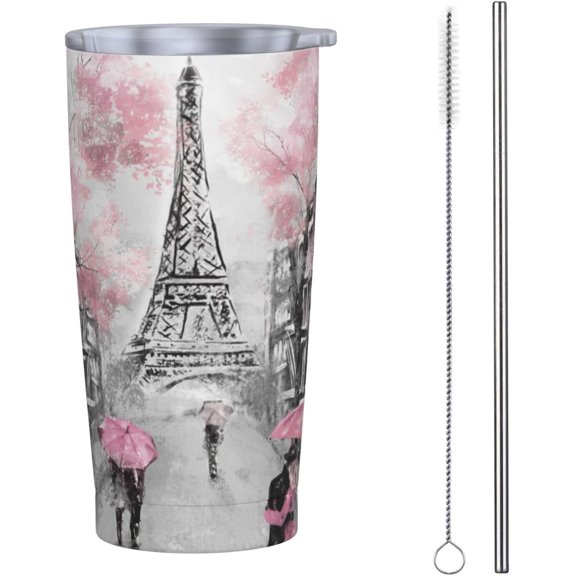 20oz Tumbler With Lid And Straw, Eiffel Tower Pink Lovers In Paris Vacuum Insulated Iced Coffee Mug Reusable Travel Cup Stainless Steel Water Bottle