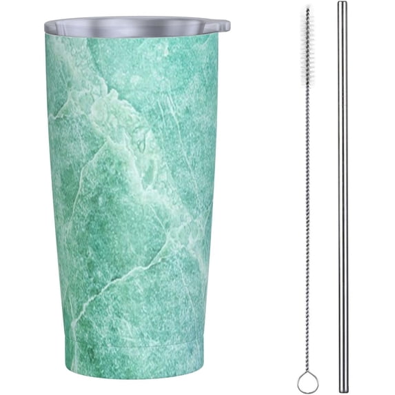 20oz Tumbler With Lid And Straw, Green Marble Vacuum Insulated Iced Coffee Mug Reusable Travel Cup Stainless Steel Water Bottle