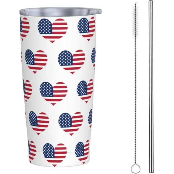 20oz Tumbler With Lid And Straw, Patriotic American Flag Heart Vacuum Insulated Iced Coffee Mug Reusable Travel Cup Stainless Steel Water Bottle