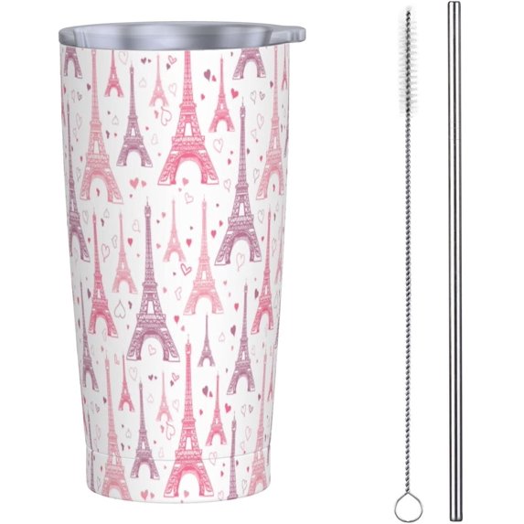 20oz Tumbler With Lid And Straw, Pink Eiffel Tower Vacuum Insulated Iced Coffee Mug Reusable Travel Cup Stainless Steel Water Bottle