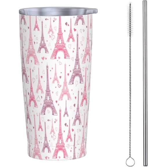 20oz Tumbler With Lid And Straw, Pink Eiffel Tower Vacuum Insulated Iced Coffee Mug Reusable Travel Cup Stainless Steel Water Bottle