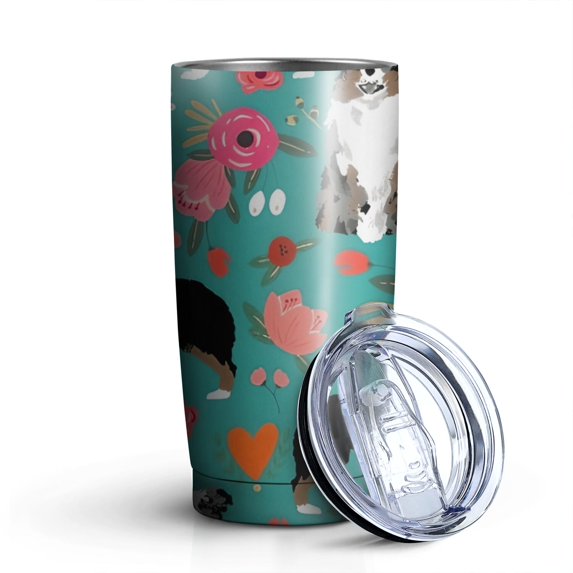 20oz Tumblers Australian Shepherd Dog and Flower Stainless Steel Vacuum Insulated Double Wall Travel Tumbler Cups Mug with Lid and Straw,Cleaning Brush for Cold & Hot Drinks
