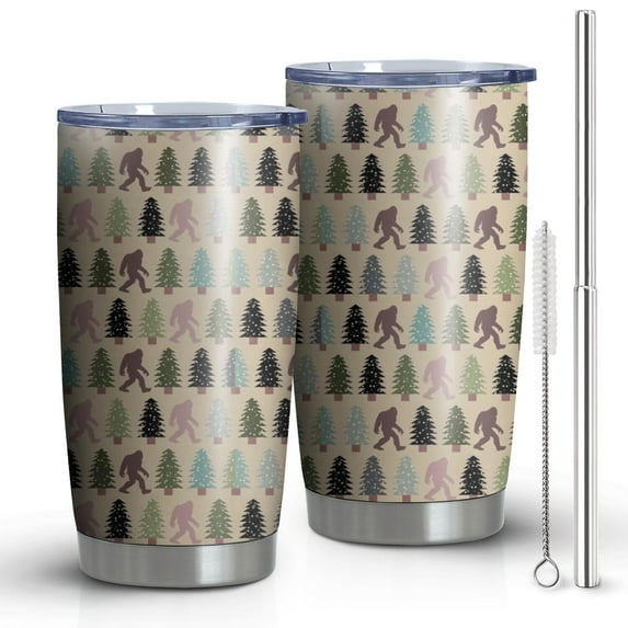20oz Tumblers Beige Bigfoot and Pine Tree Pattern Stainless Steel Vacuum Insulated Double Wall Travel Tumbler Cups Mug with Lid and Straw,Cleaning Brush for Cold & Hot Drinks