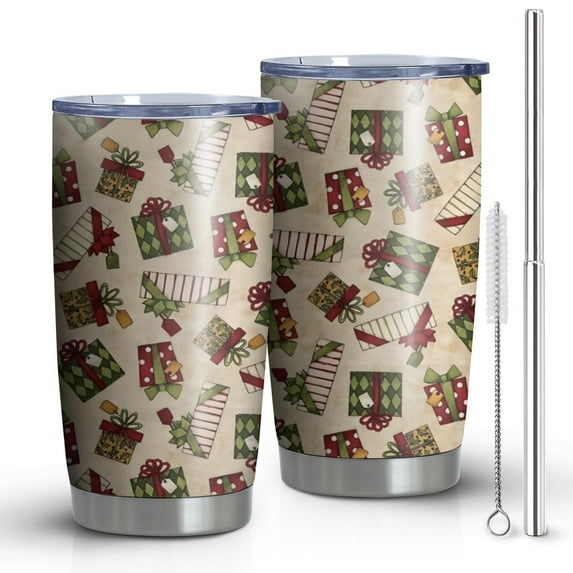 20oz Tumblers Beige Christmas Gift Pattern Stainless Steel Vacuum Insulated Double Wall Travel Tumbler Cups Mug with Lid and Straw,Cleaning Brush for Cold & Hot Drinks