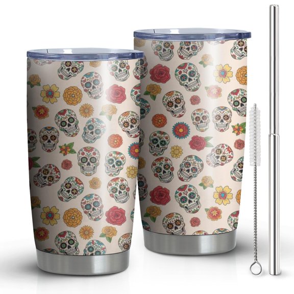 20oz Tumblers Beige Floral Skull Pattern Stainless Steel Vacuum Insulated Double Wall Travel Tumbler Cups Mug with Lid and Straw,Cleaning Brush for Cold & Hot Drinks