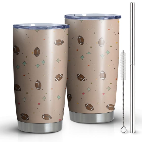 20oz Tumblers Beige Football and Stars Pattern Stainless Steel Vacuum Insulated Double Wall Travel Tumbler Cups Mug with Lid and Straw,Cleaning Brush for Cold & Hot Drinks